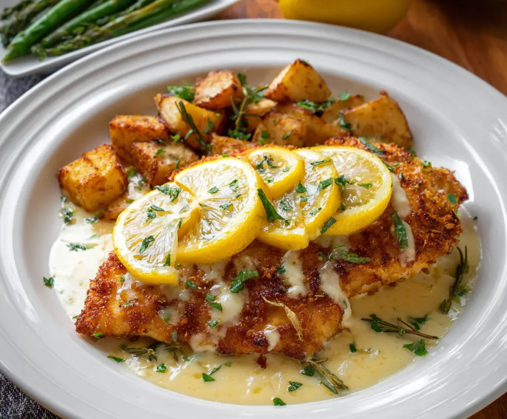 Delicious Lemon Chicken Romano served with fresh herbs and lemon wedges