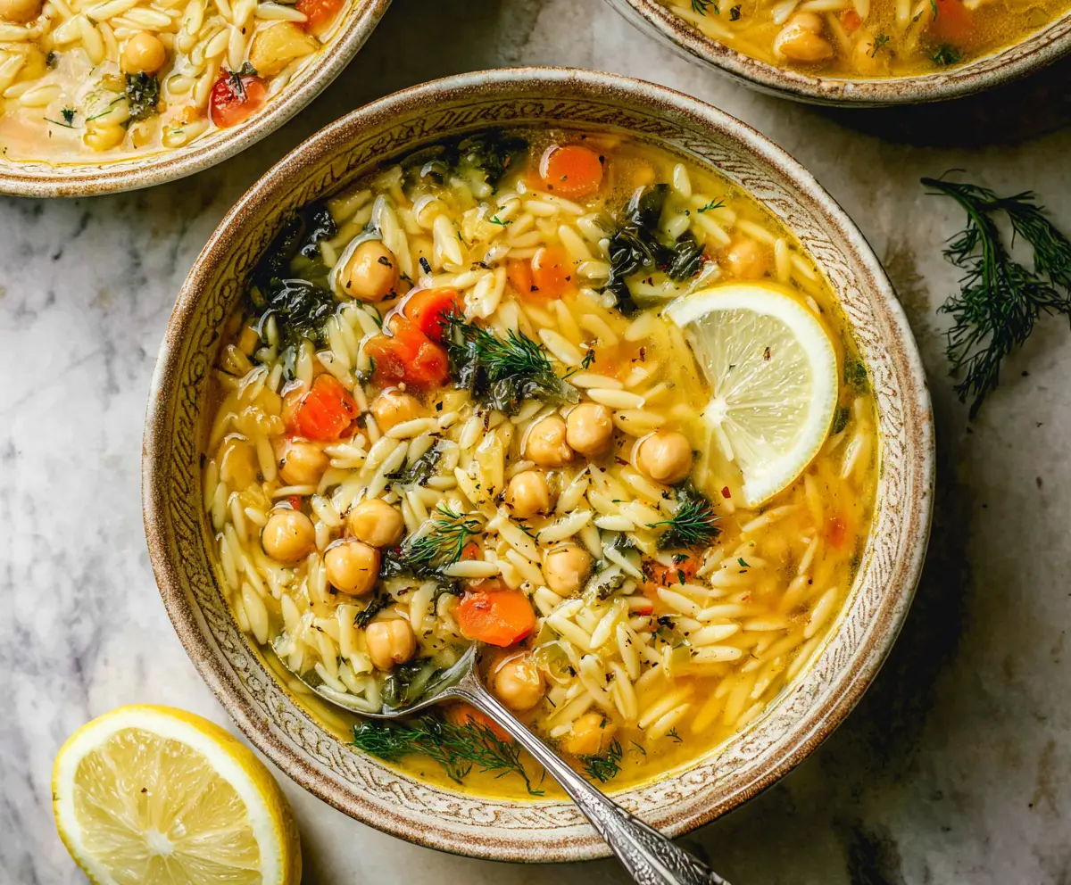 Hearty Lemon Chickpea Orzo Soup in a bowl with fresh herbs on a rustic wooden table.