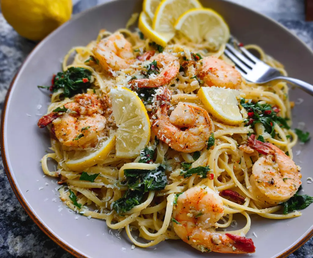 Delicious Lemon Garlic Shrimp Pasta garnished with fresh herbs on a white plate.