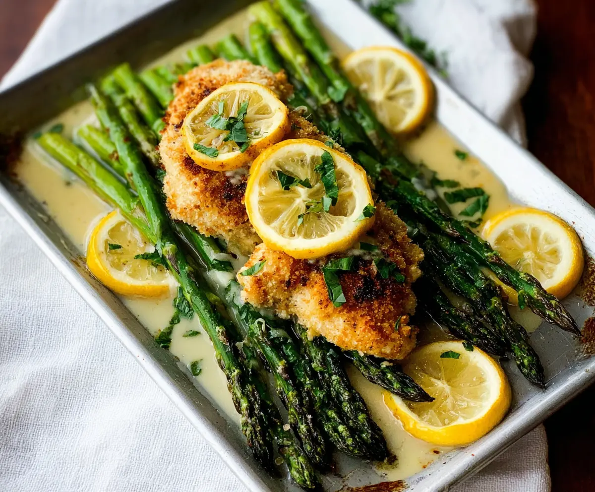 Delicious Lemon Parmesan Chicken served with fresh asparagus on a white plate.