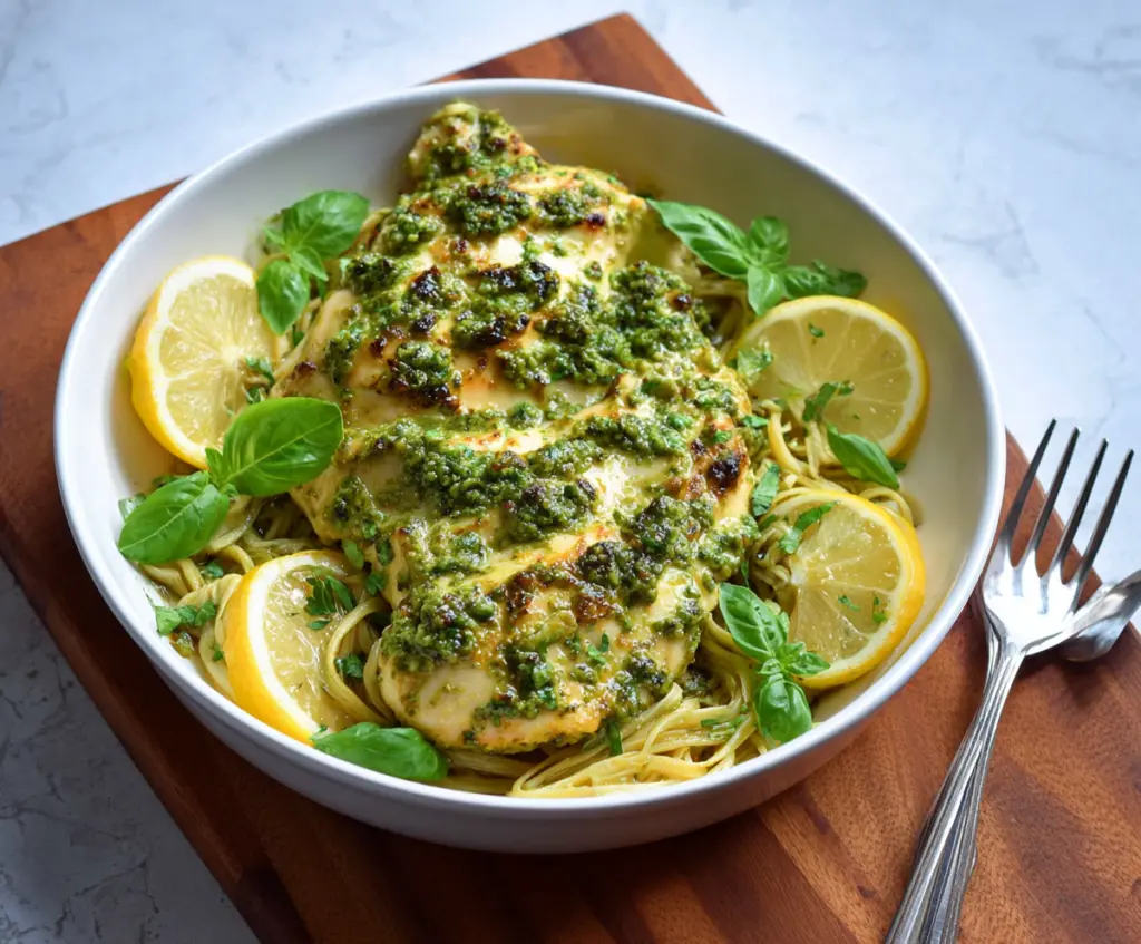 Delicious Lemon Pesto Chicken served with fresh herbs and bright lemon slices.