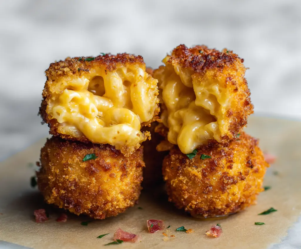 Crispy macaroni and cheese bites served on a white plate, perfect for appetizer or snack