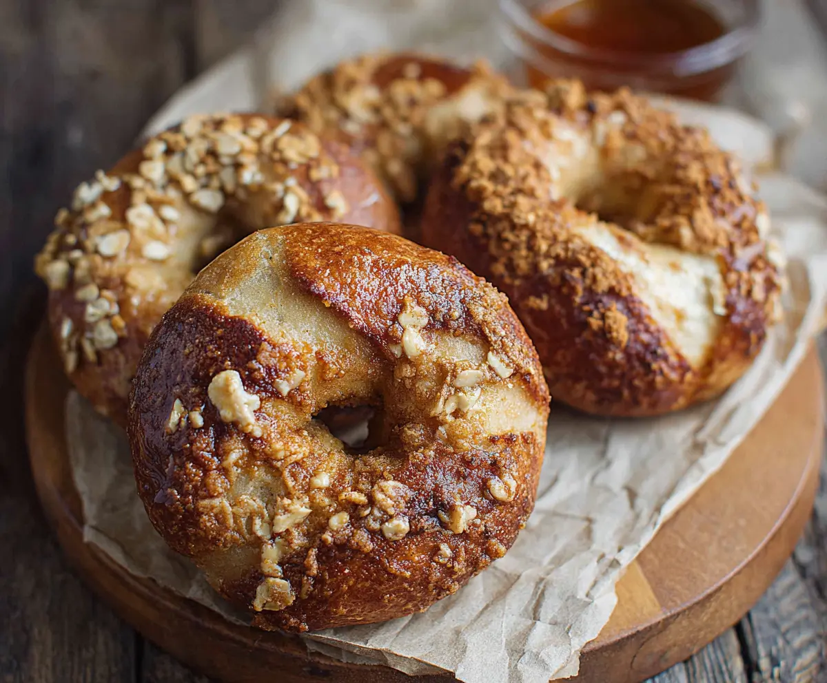 Delicious Maple French Toast Bagels topped with syrup and butter, served as a sweet breakfast treat.