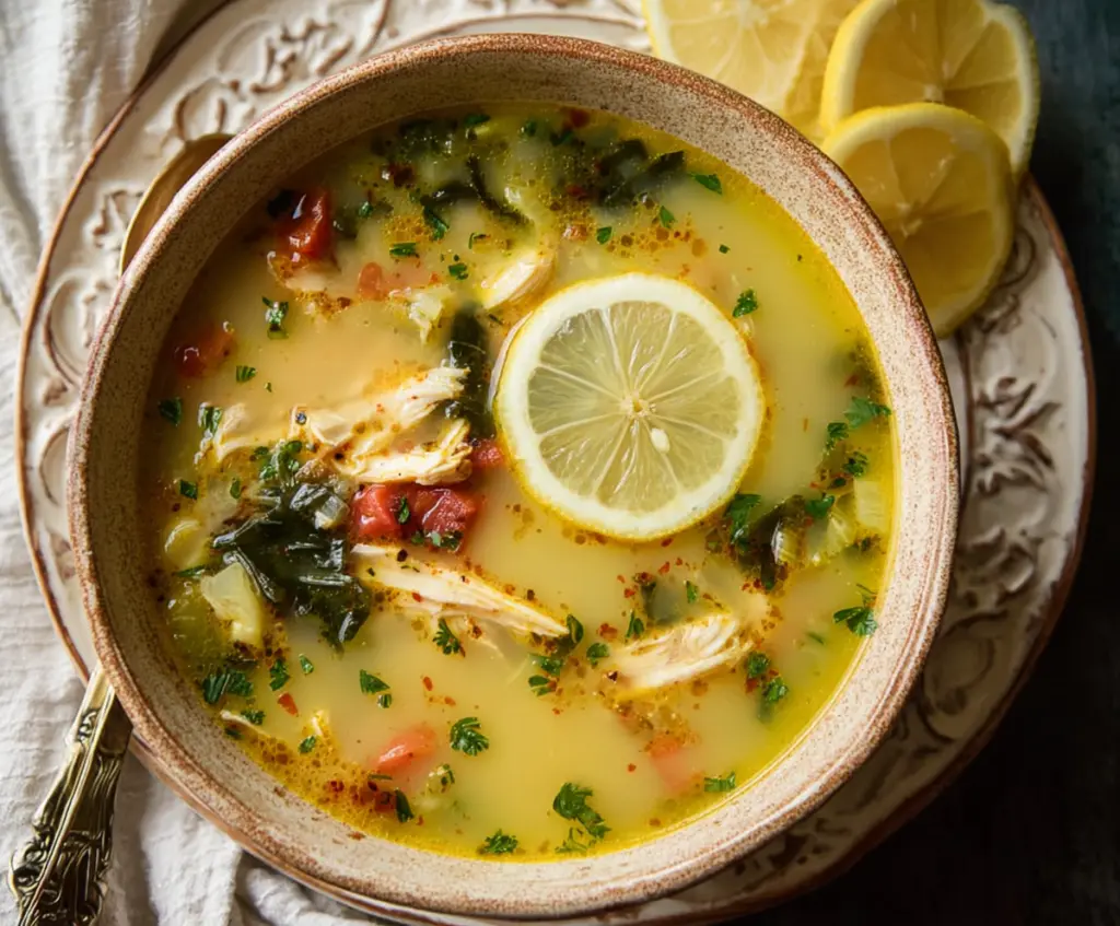 Delicious Mediterranean Lemon Chicken Soup in a bowl with fresh herbs and lemon slices
