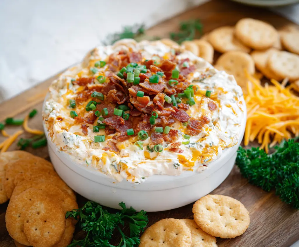 Creamy Million Dollar Crack Dip garnished with fresh herbs serve in a bowl for party appetizers.