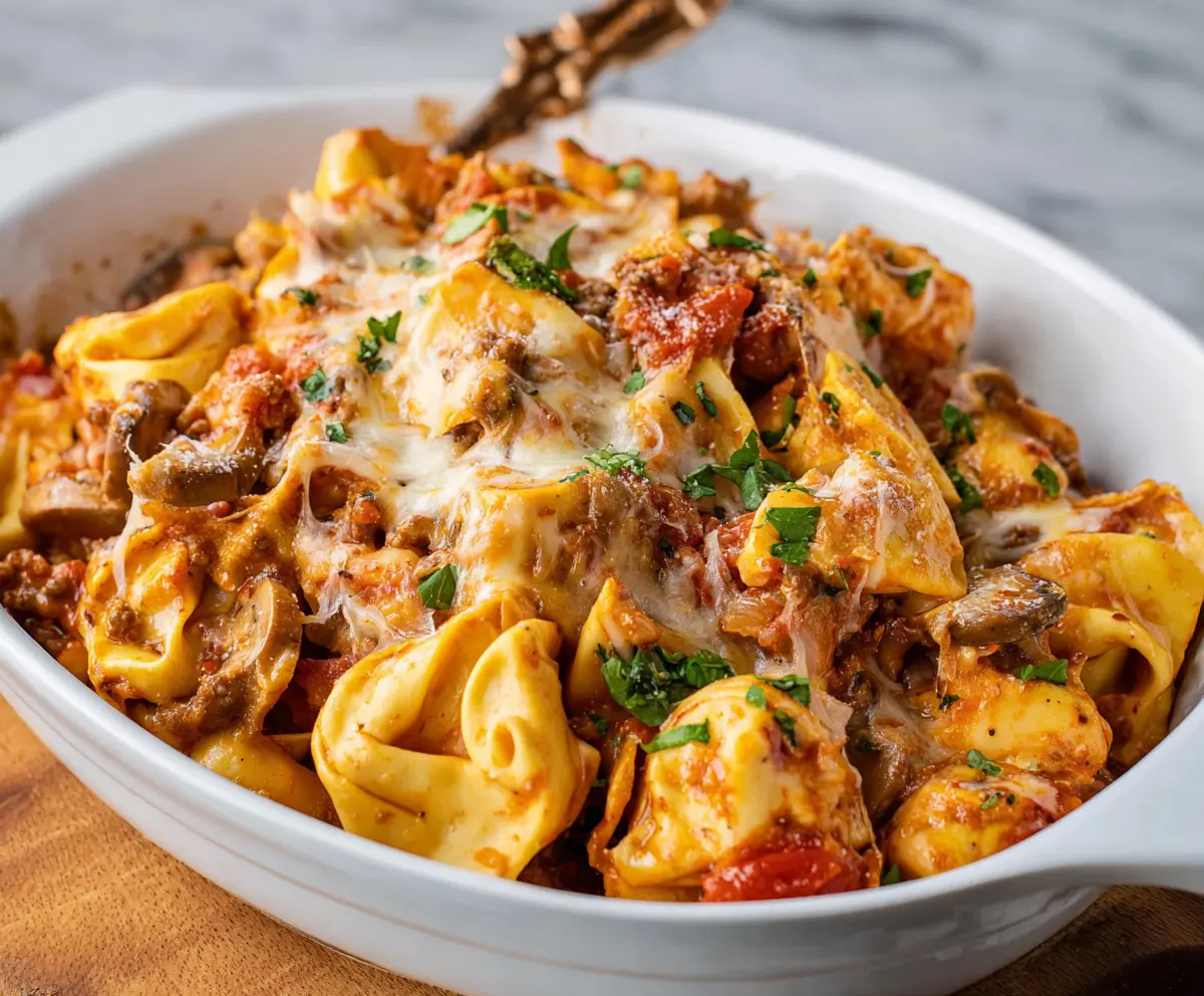 Delicious Million Dollar Tortellini Casserole with cheese and herbs in a baking dish.