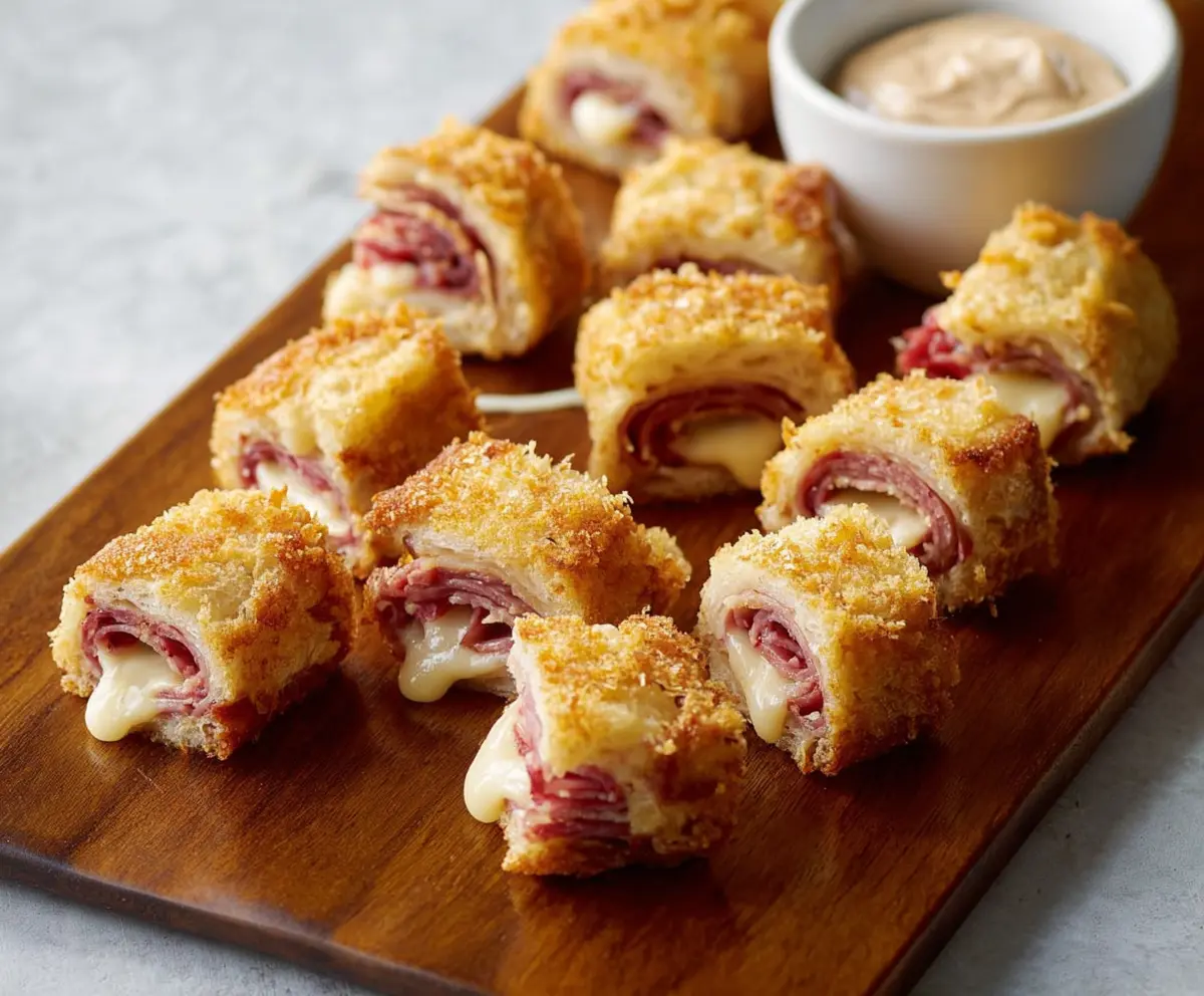 Delicious Mini Reuben Bites with corned beef, sauerkraut, and Swiss cheese on rye crackers.