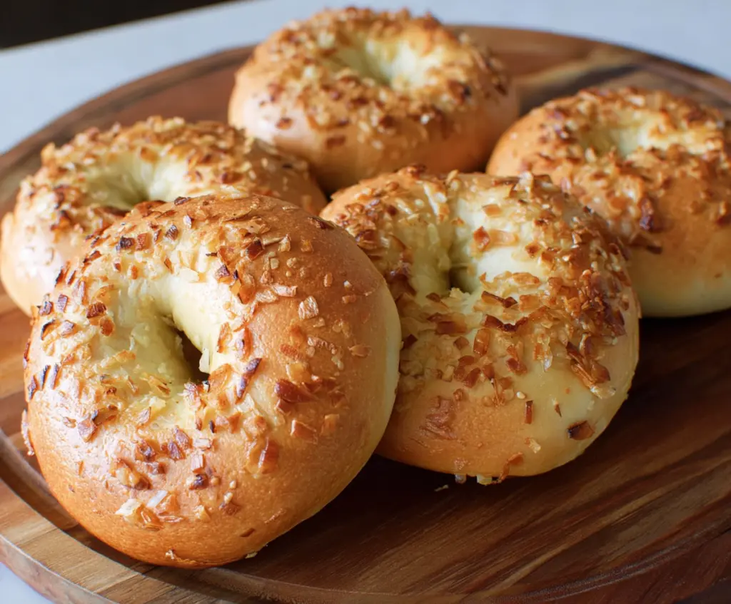 Fresh homemade onion bagels with a golden crust, perfect for breakfast or a snack.