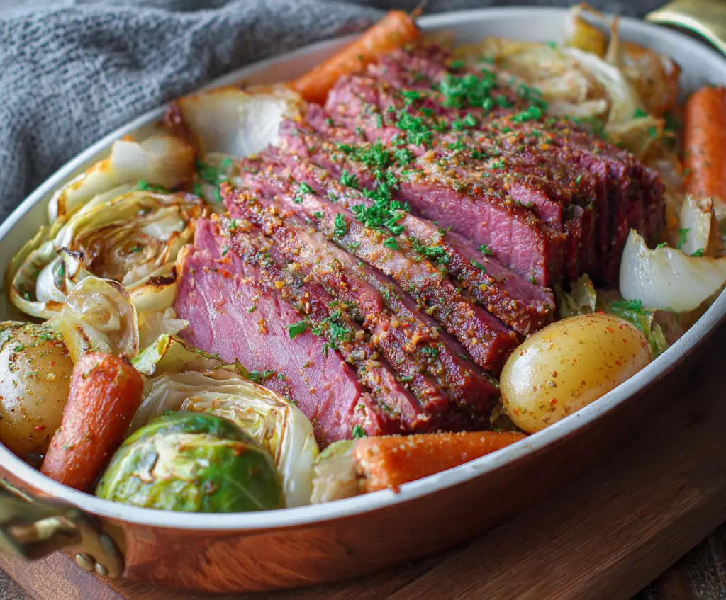 Delicious oven roasted corned beef with tender cabbage and potatoes on a served platter.