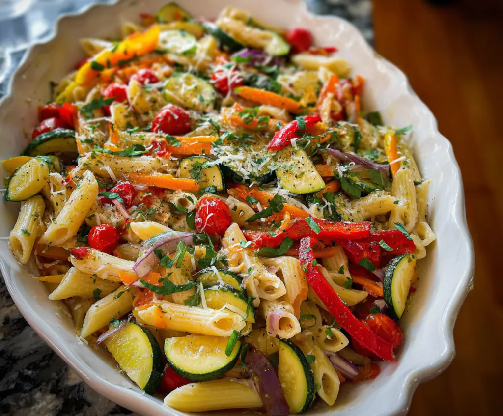 Colorful Pasta Primavera with fresh vegetables and herbs in a white bowl
