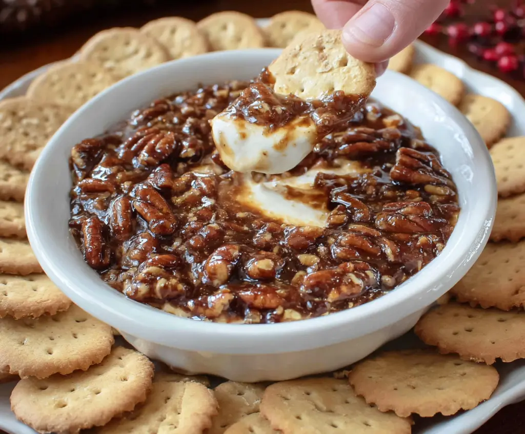 Creamy pecan pie dip garnished with chopped pecans and a drizzle of caramel sauce, perfect for snacking