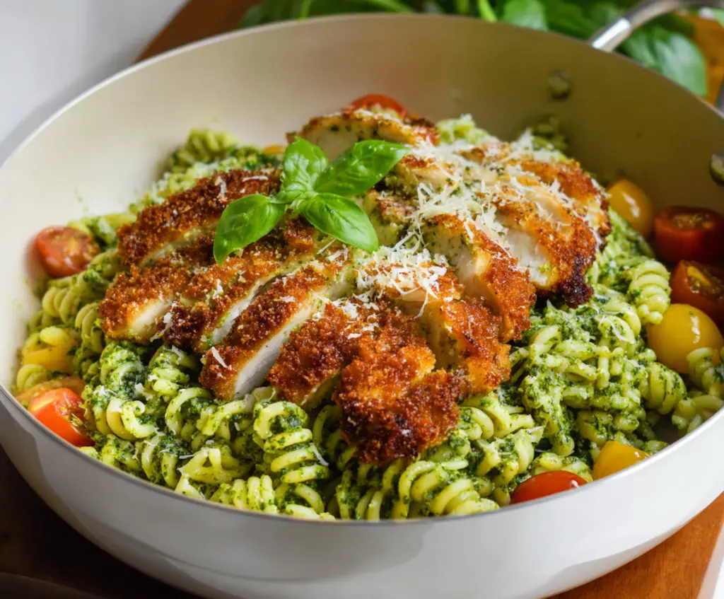 Delicious pesto pasta topped with crispy Parmesan chicken slices, garnished with fresh basil.