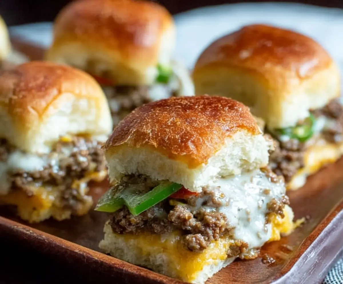 Delicious Philly Cheesesteak Sliders with Ground Beef on a platter, showcasing cheesy and savory mini sandwiches.