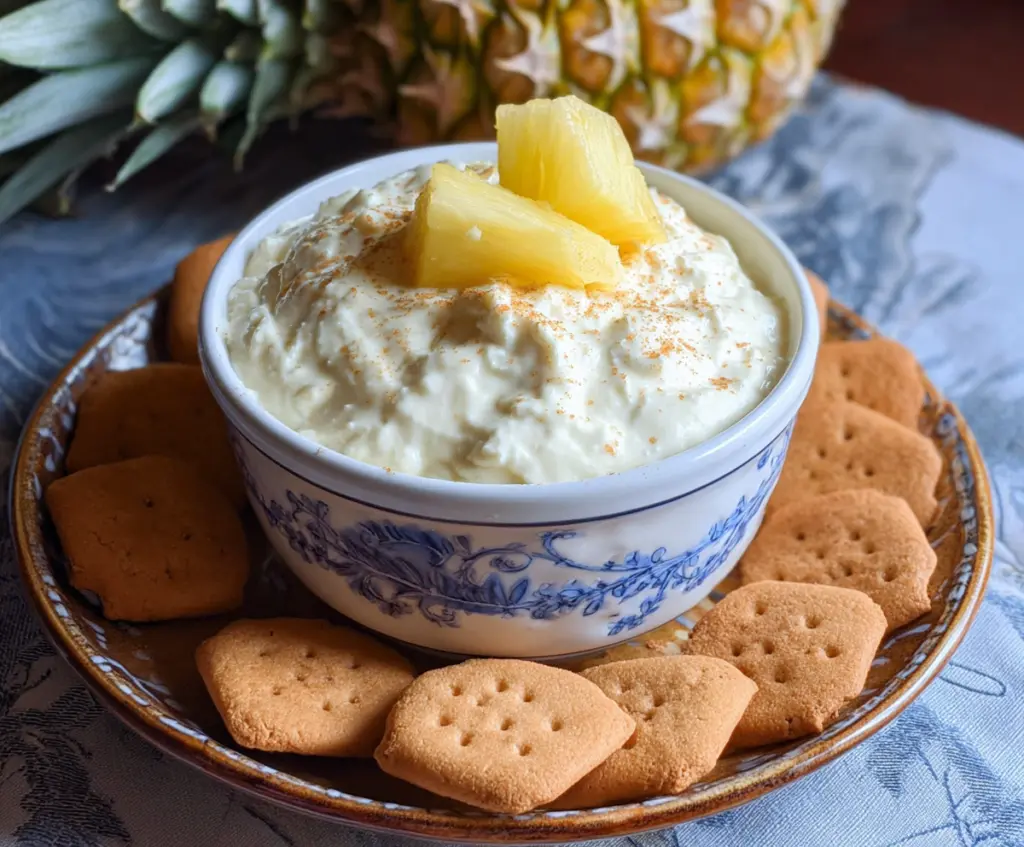 Delicious pineapple dip served with fresh fruit slices for a tropical snack.