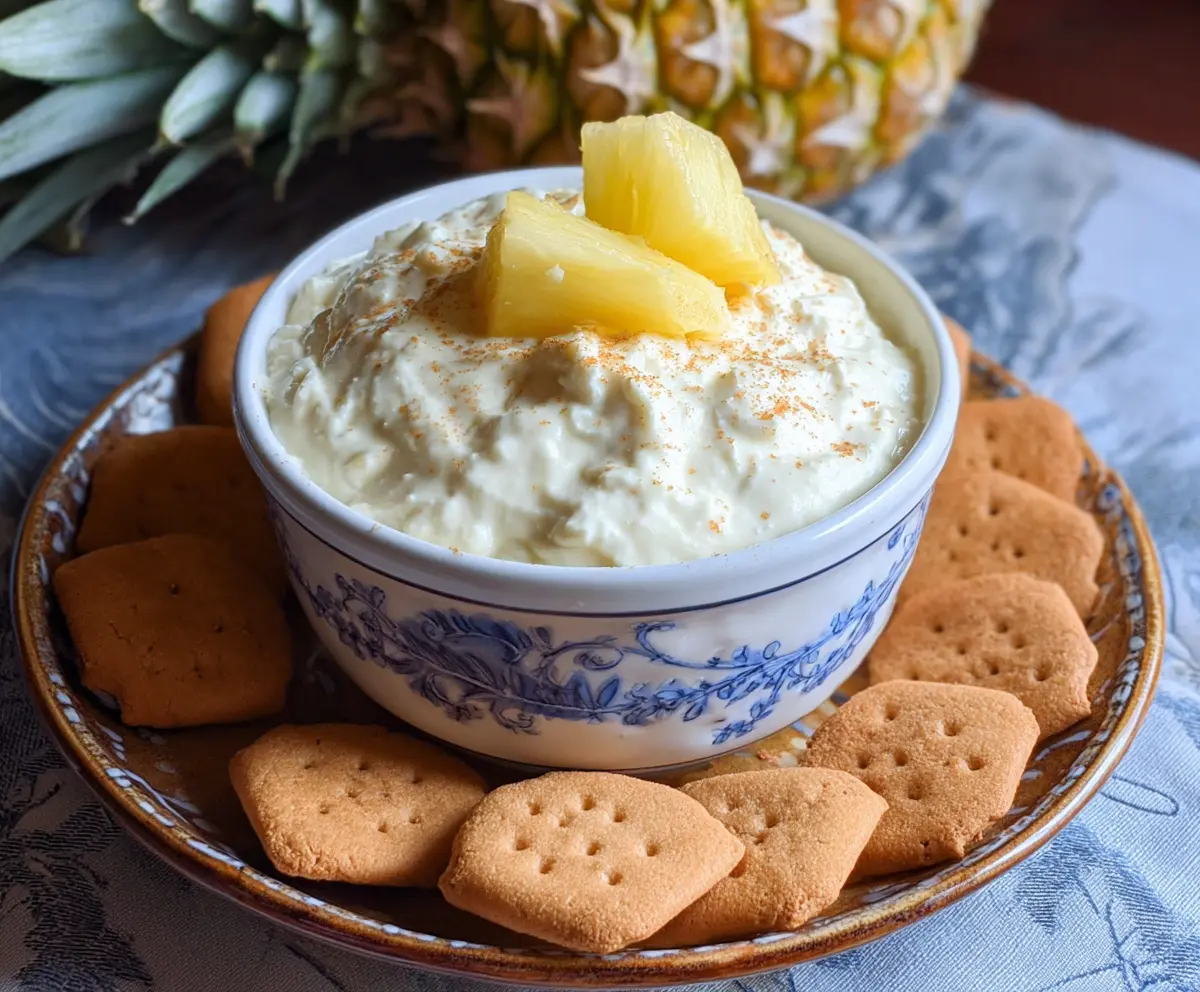Delicious pineapple dip served with fresh fruit slices for a tropical snack.