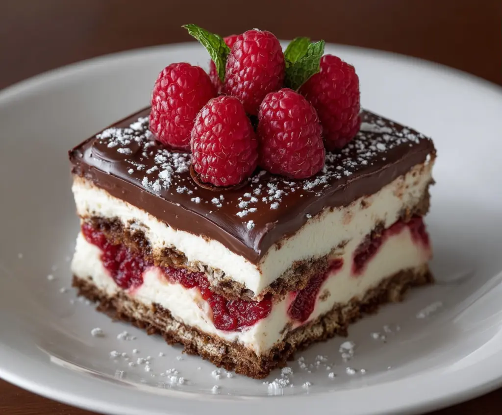 Delicious raspberry chocolate lasagna with layers of fresh raspberries and rich chocolate dessert