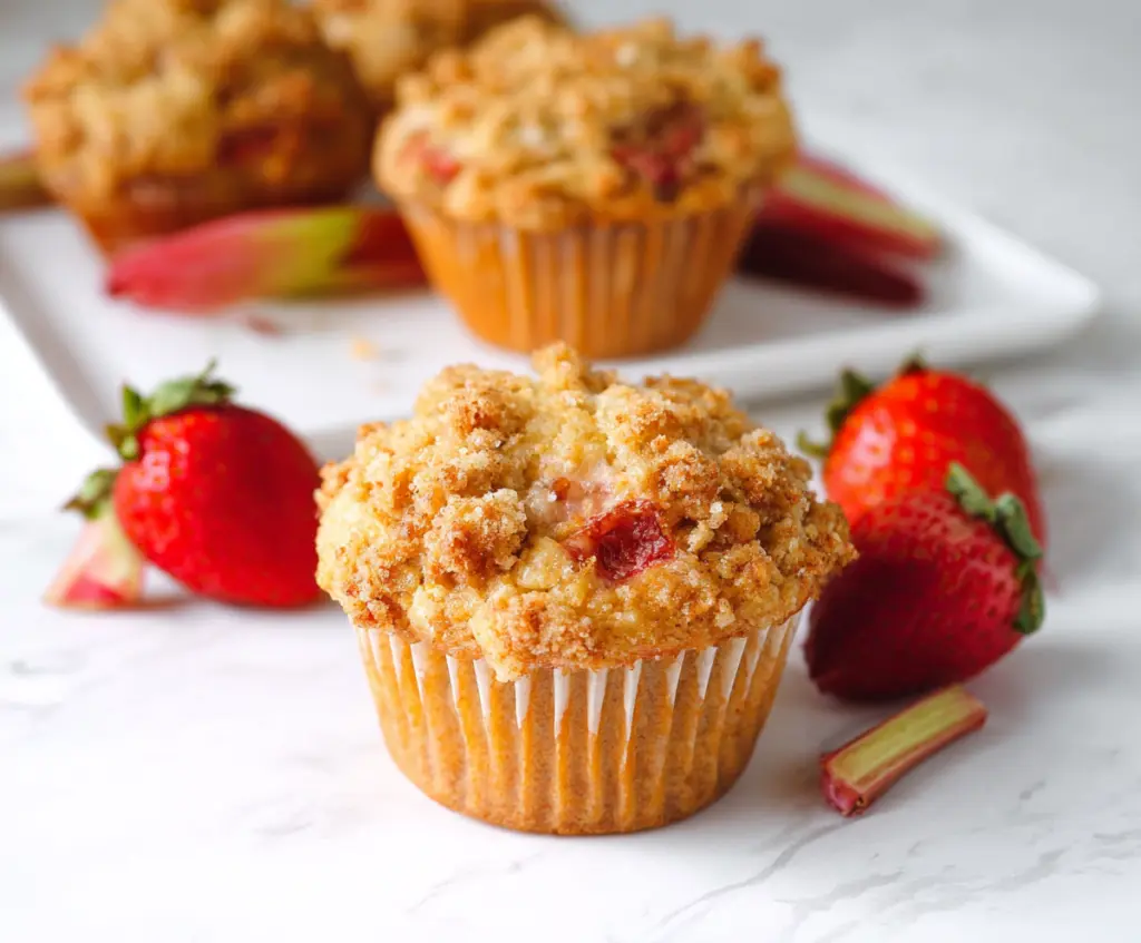 Delicious homemade rhubarb strawberry muffins fresh out of the oven.