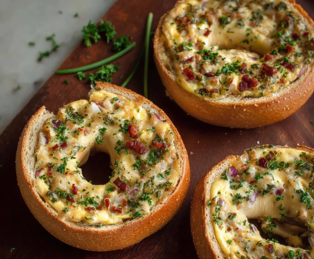 Delicious savory quiche stuffed bagels with crispy crust and cheesy filling, perfect for breakfast or brunch.
