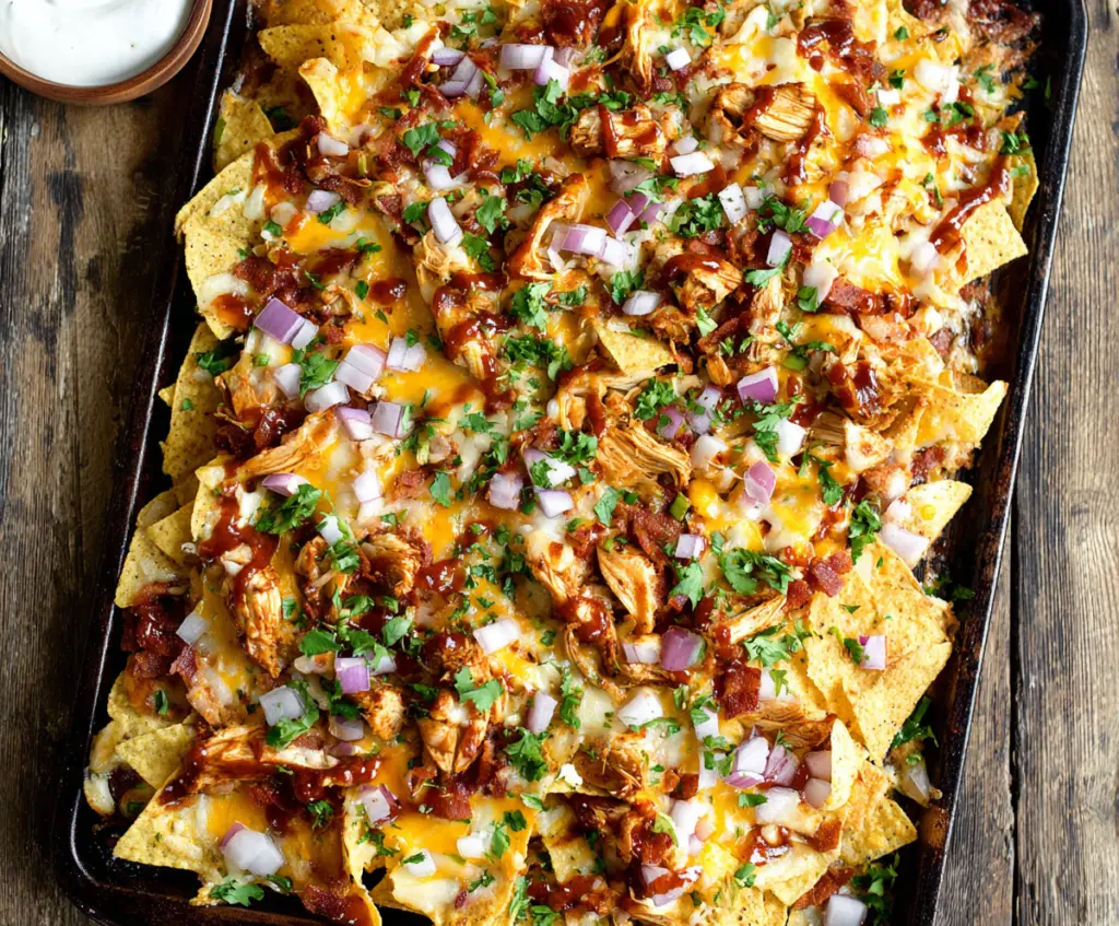 Delicious Sheet Pan BBQ Chicken Nachos topped with melted cheese and fresh toppings