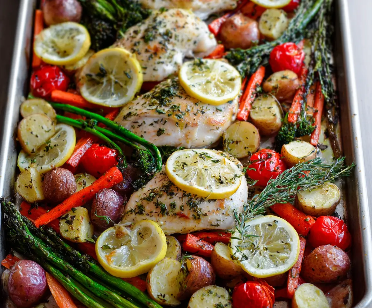 Delicious sheet pan lemon herb chicken with colorful roasted vegetables on a baking sheet.