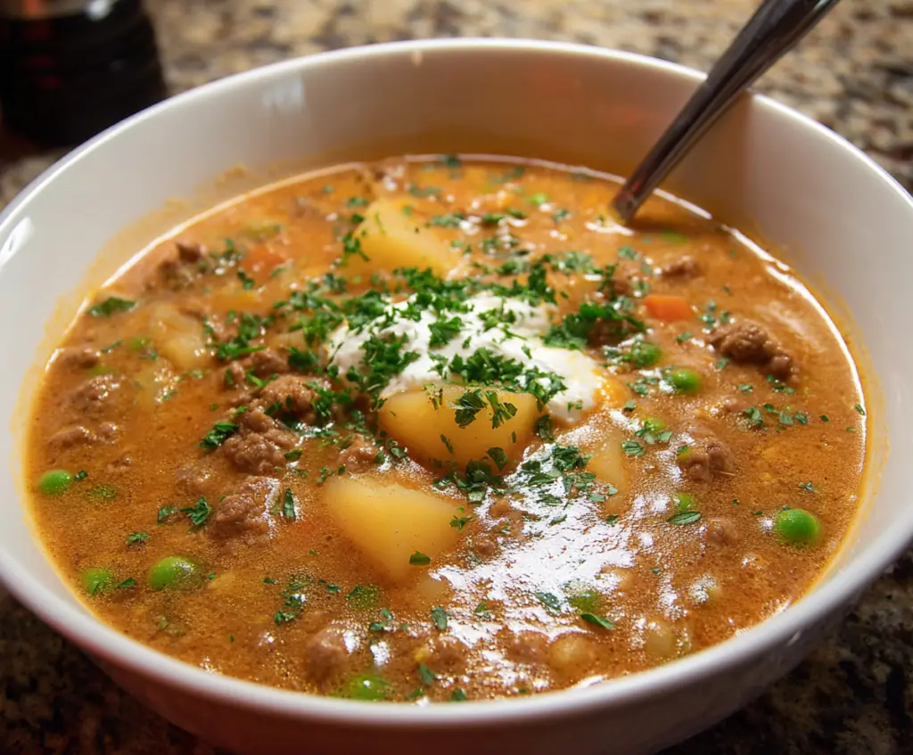 Hearty Shepherd's Pie Soup with beef, vegetables, and creamy mashed potato topping