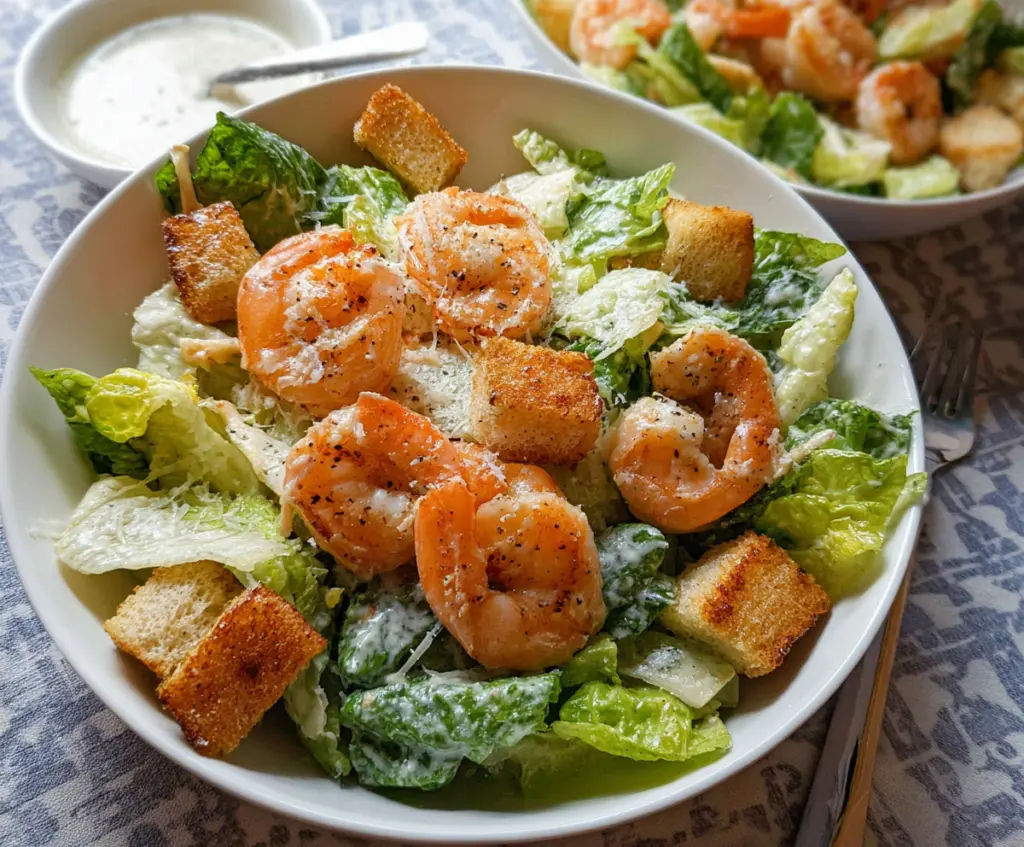 Delicious shrimp Caesar salad with fresh romaine lettuce, crispy croutons, and creamy Caesar dressing.