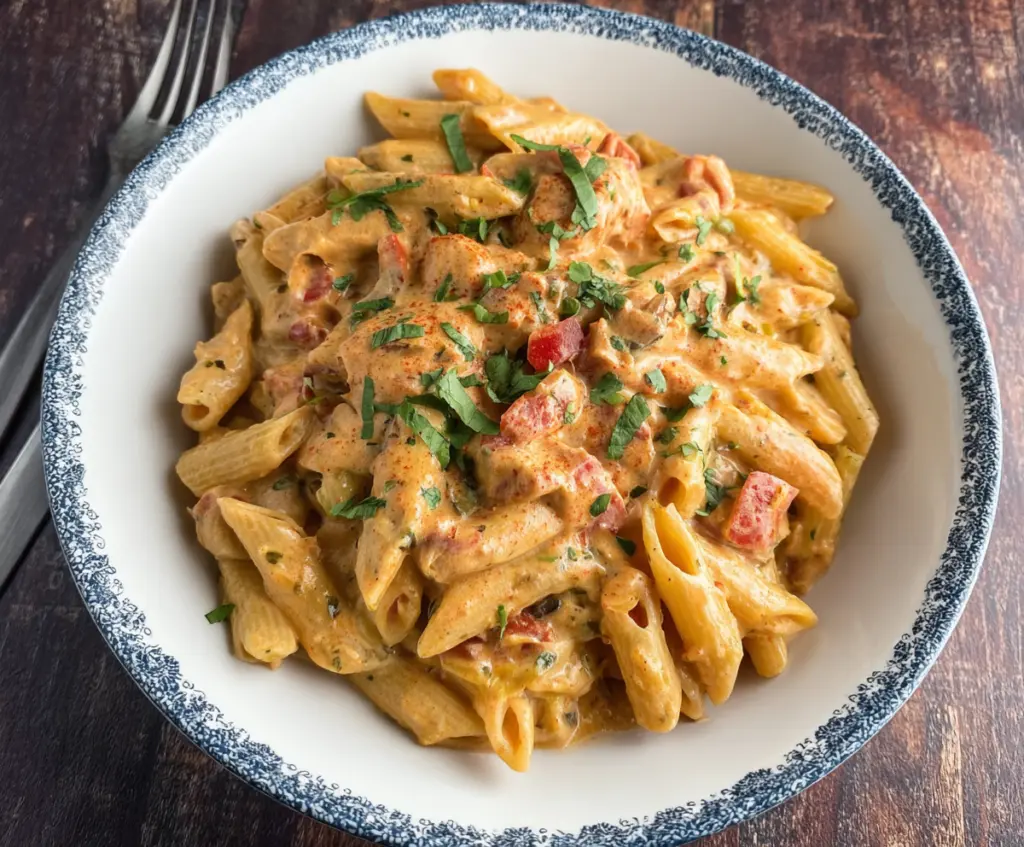 Creamy Southwest Alfredo Penne Pasta with peppers and cilantro on a white plate.