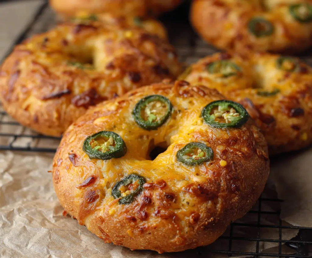 Delicious spicy jalapeño cheddar bagels fresh out of the oven, perfect for breakfast or snacks.