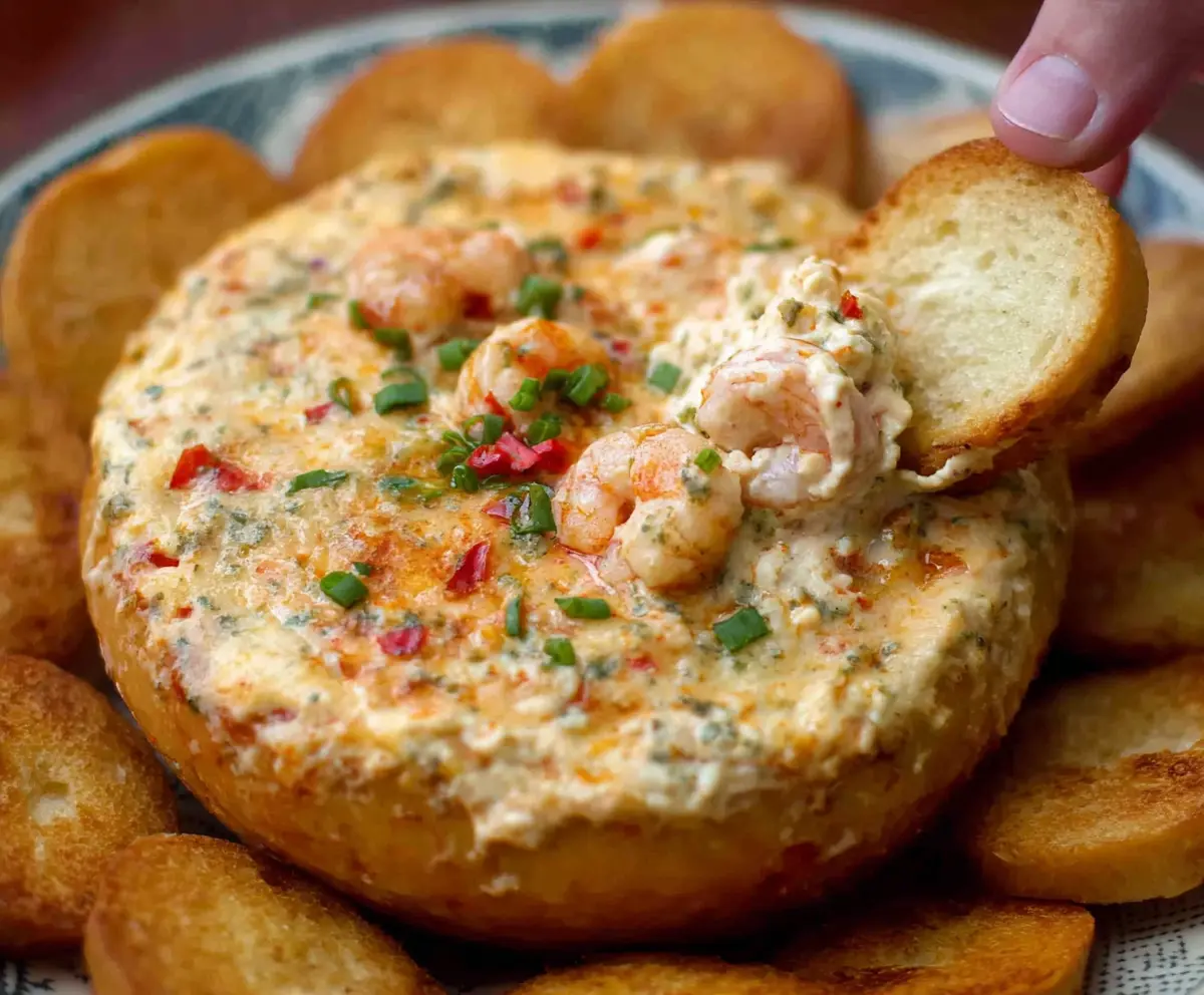 Delicious spicy Louisiana shrimp dip served with fresh vegetables and chips.