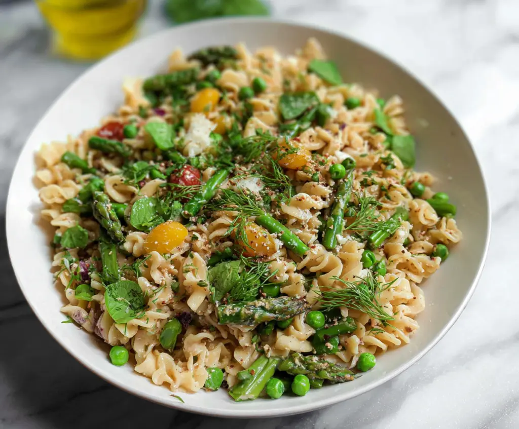 Colorful spring pasta salad with fresh vegetables and protein, perfect for healthy eating.