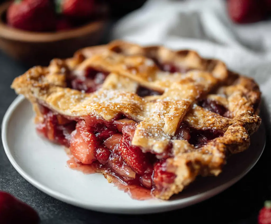 Delicious homemade strawberry rhubarb pie with a golden crust and fresh fruit filling
