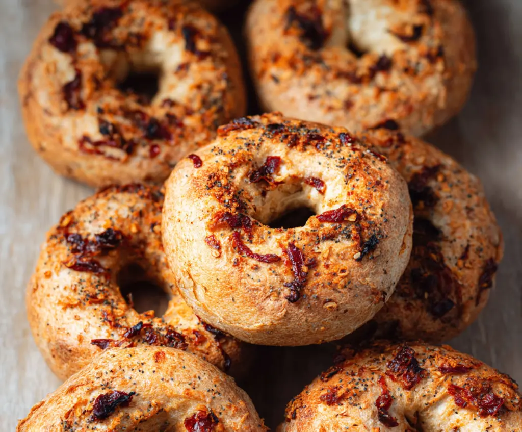Golden Sun-Dried Tomato Sourdough Bagels with a crispy crust and chewy interior, perfect for breakfast or snacking.