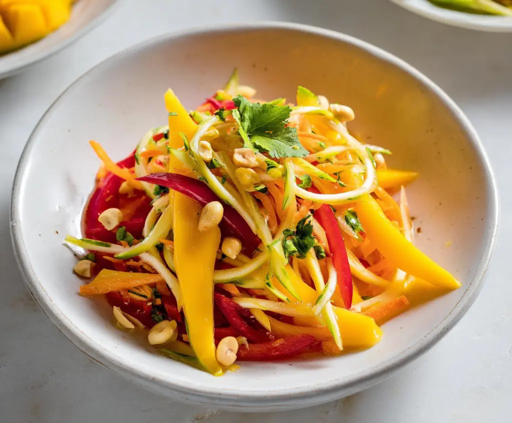 Colorful Thai mango salad with fresh mango slices, herbs, and chili peppers.