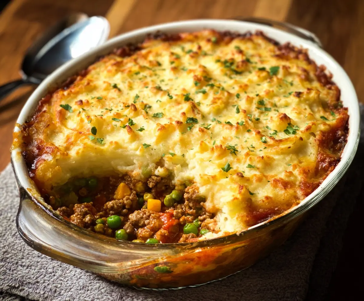 Delicious homemade Turkey Shepherd's Pie with mashed potatoes and seasoned ground turkey.