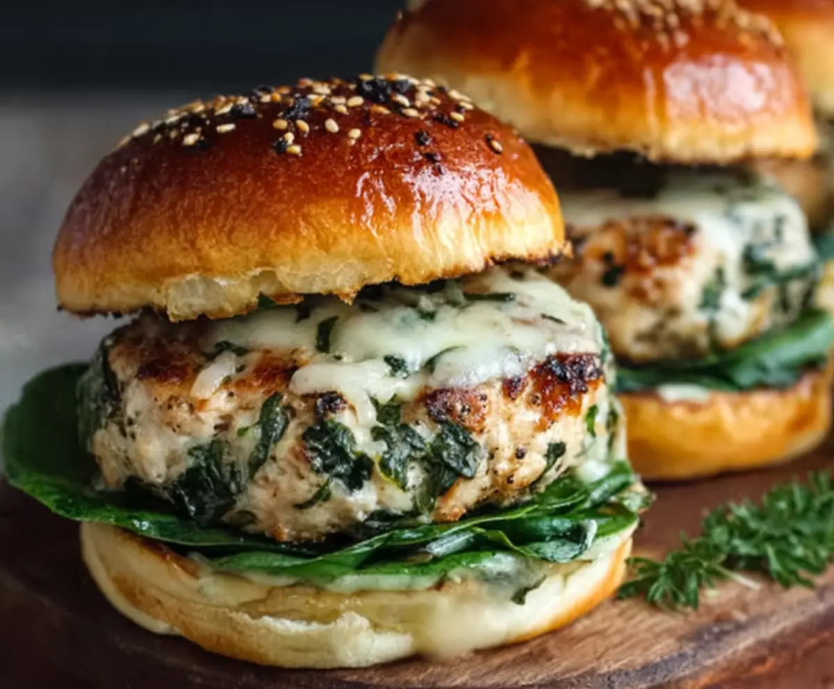 Delicious white cheddar spinach chicken burger on a bun, served with fresh vegetables.