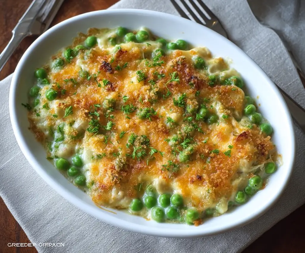 Creamy au gratin creamed peas served in a baking dish, garnished with herbs.