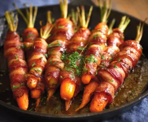 Delicious bacon-wrapped carrots garnished with herbs, perfect for appetizers or side dishes.