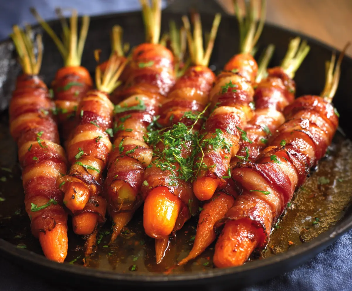 Delicious bacon-wrapped carrots garnished with herbs, perfect for appetizers or side dishes.