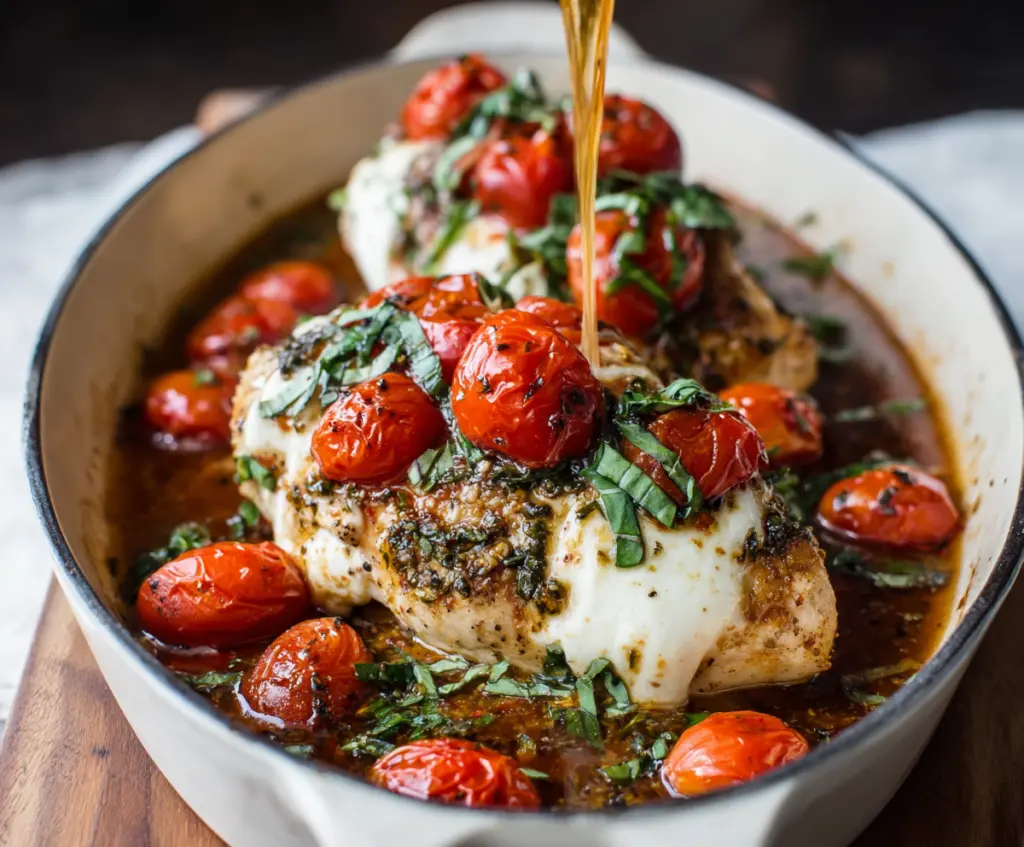 Delicious baked Caprese chicken topped with fresh basil and melted mozzarella cheese.