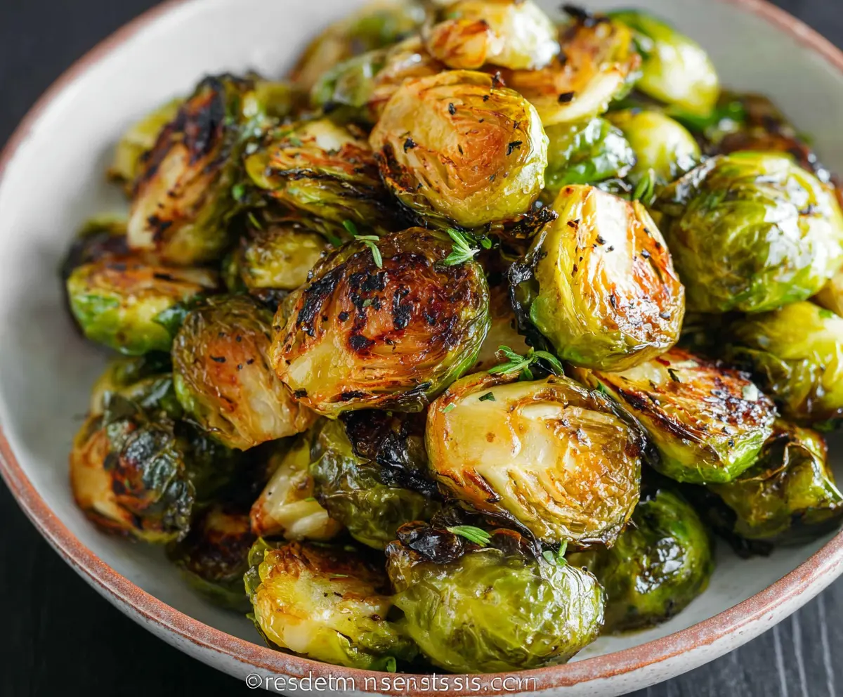 Delicious roasted Brussels sprouts drizzled with balsamic glaze, perfect for a healthy side dish.