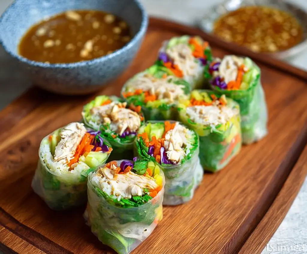 Delicious Bang Bang Chicken Rice Paper Rolls garnished with fresh herbs on a white plate.