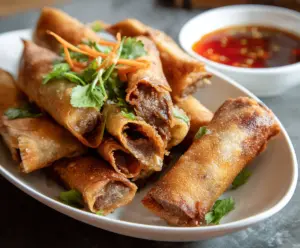 Crispy beef lumpia served with dipping sauce on a plate, ready to enjoy as a Filipino appetizer.