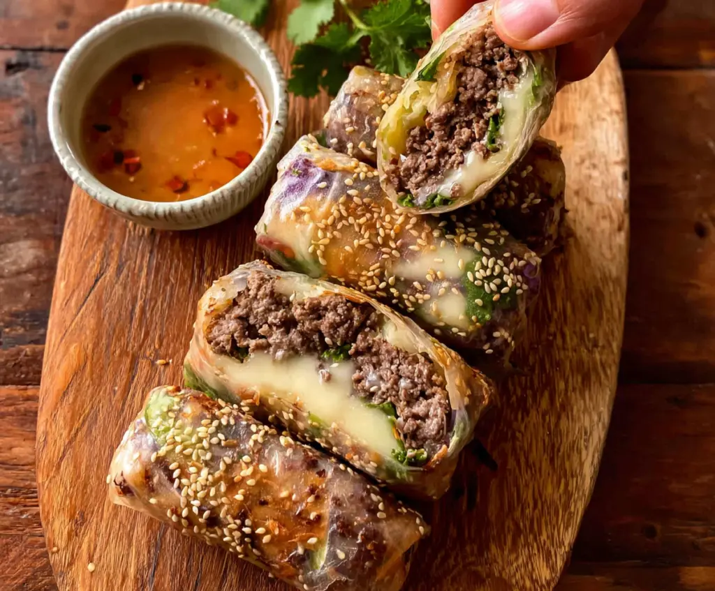 Delicious Big Mac Rice Paper Rolls filled with beef, lettuce, and special sauce ready to eat.