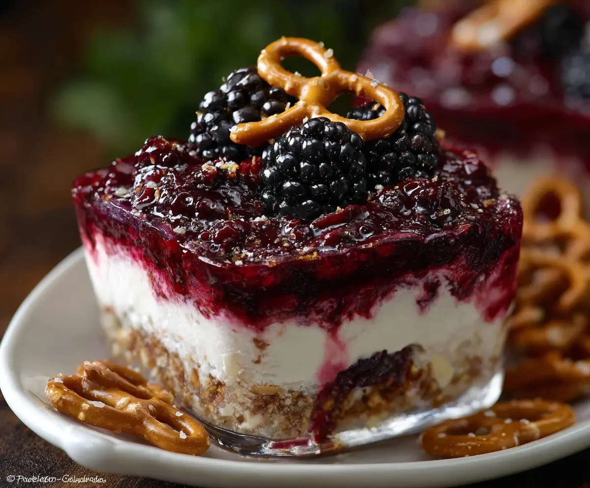 Delicious Blackberry Pretzel Dessert topped with fresh blackberries and whipped cream.