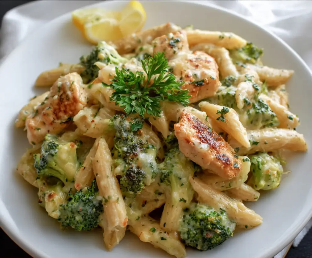 Delicious broccoli and chicken penne pasta dish with fresh ingredients and vibrant colors