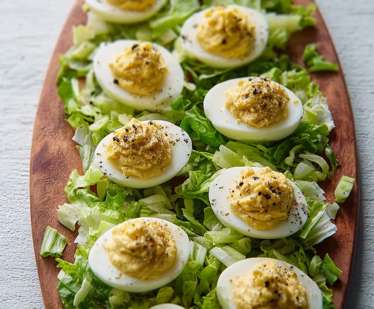 Delicious Caesar Deviled Eggs garnished with herbs on a platter, perfect for appetizer parties.