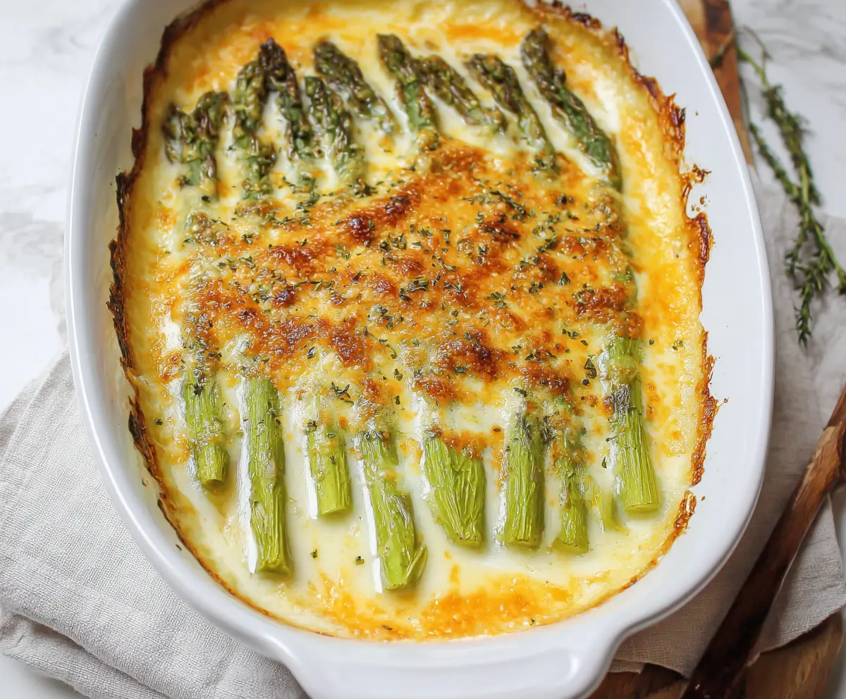 Delicious Cheesy Asparagus Bake with melted cheese and fresh asparagus, perfect for a healthy appetizer or side dish.