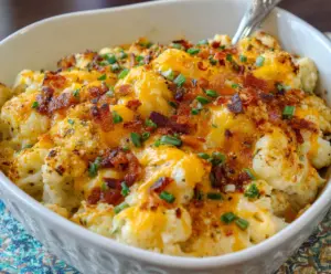 Delicious cheesy loaded cauliflower casserole topped with melted cheese and bacon bits for a hearty low-carb meal.