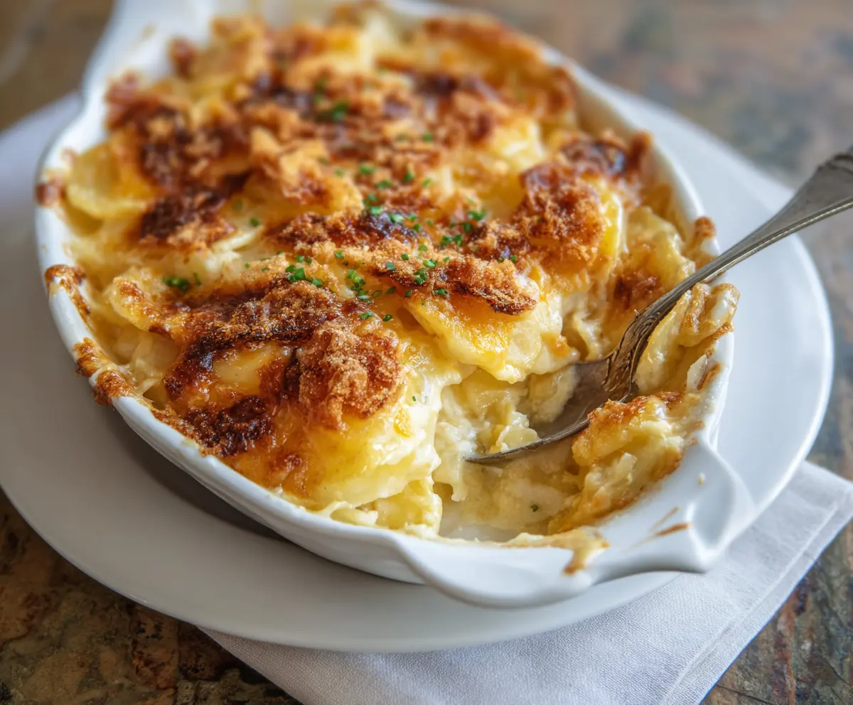 Delicious cheesy potato casserole topped with melted cheese and fresh herbs.