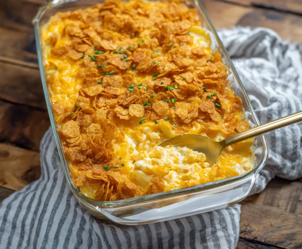 Golden baked cheesy potatoes topped with crispy corn flakes, perfect for a comforting meal.